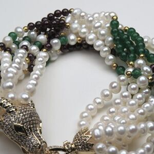 24k Gold overlayed Ram Fresh Water Pearl & Jade-Garnet Bracelet Hand Crafted